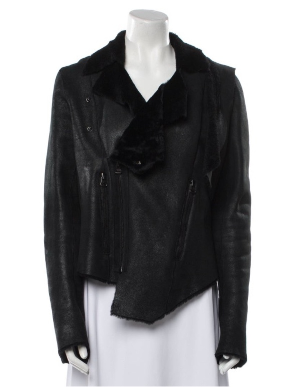 HELMUT LANG Black Women's Shearling-Lined Asymmetrical leather Jacket Large